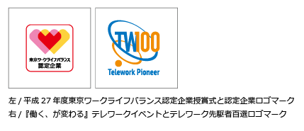 左/平成27年度東京ワークライフバランス認定企業授賞式と認定企業ロゴマーク　中/『働く、が変わる』テレワークイベントとテレワーク先駆者百選ロゴマーク　右/東京都「家庭と仕事の両立支援推進企業」ロゴマーク