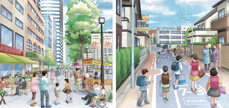 From automobile-centered roads to safe, bustling streets with people who are the primary users (Nagoya City Transportation-Oriented Urban Development Plan)