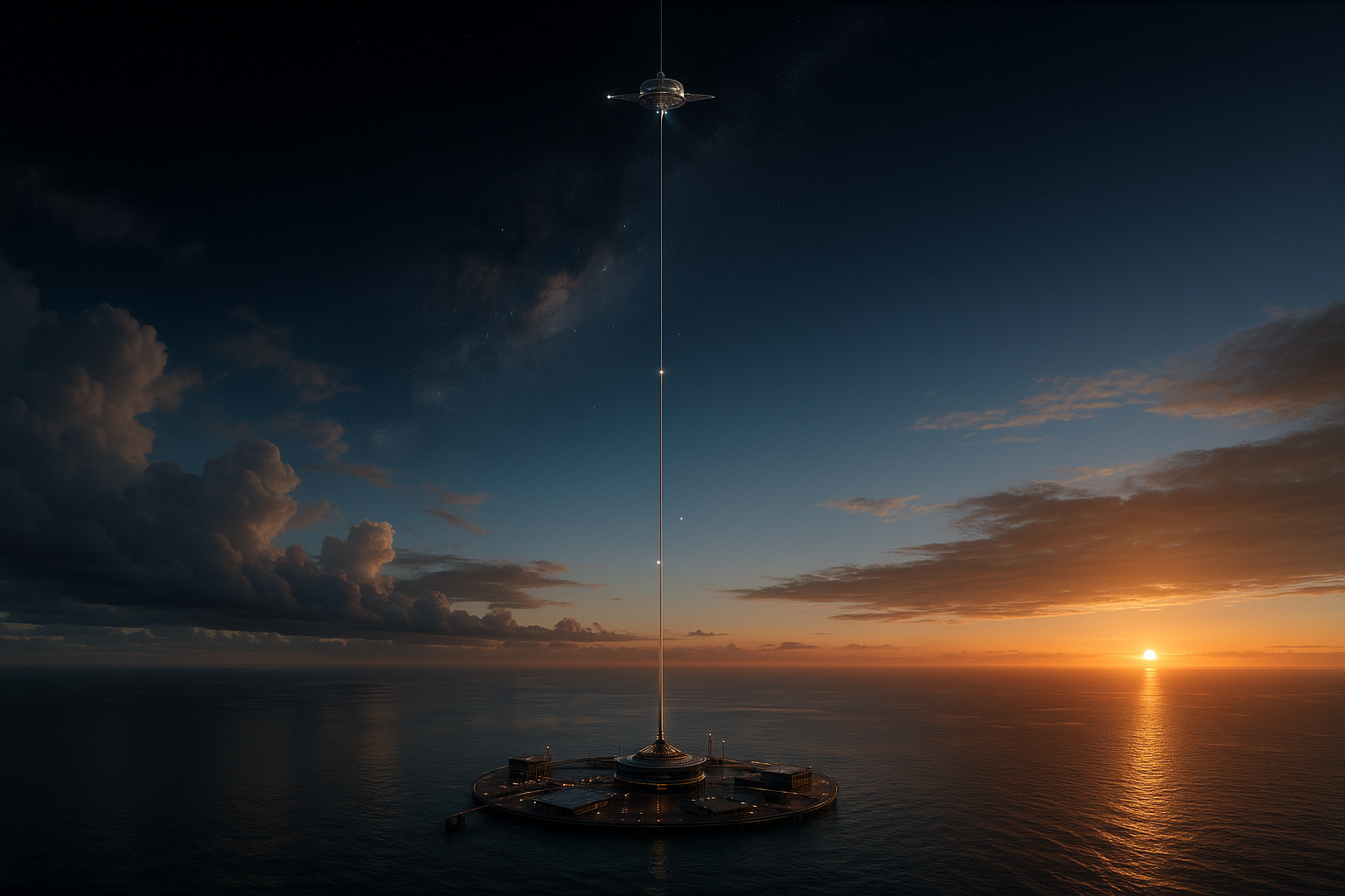 画像３　地球から伸びる軌道エレベーターのイメージ（出典：AIで作成）